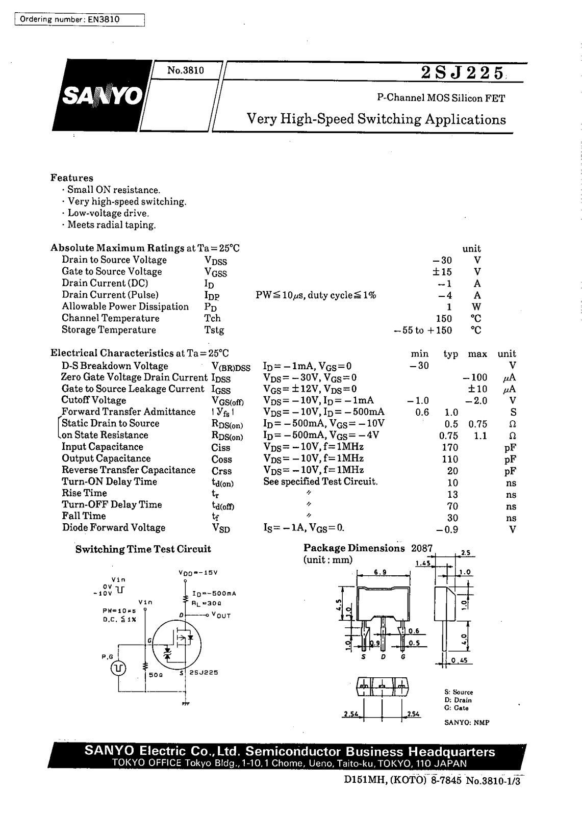 SANYO 2SJ225 Datasheet