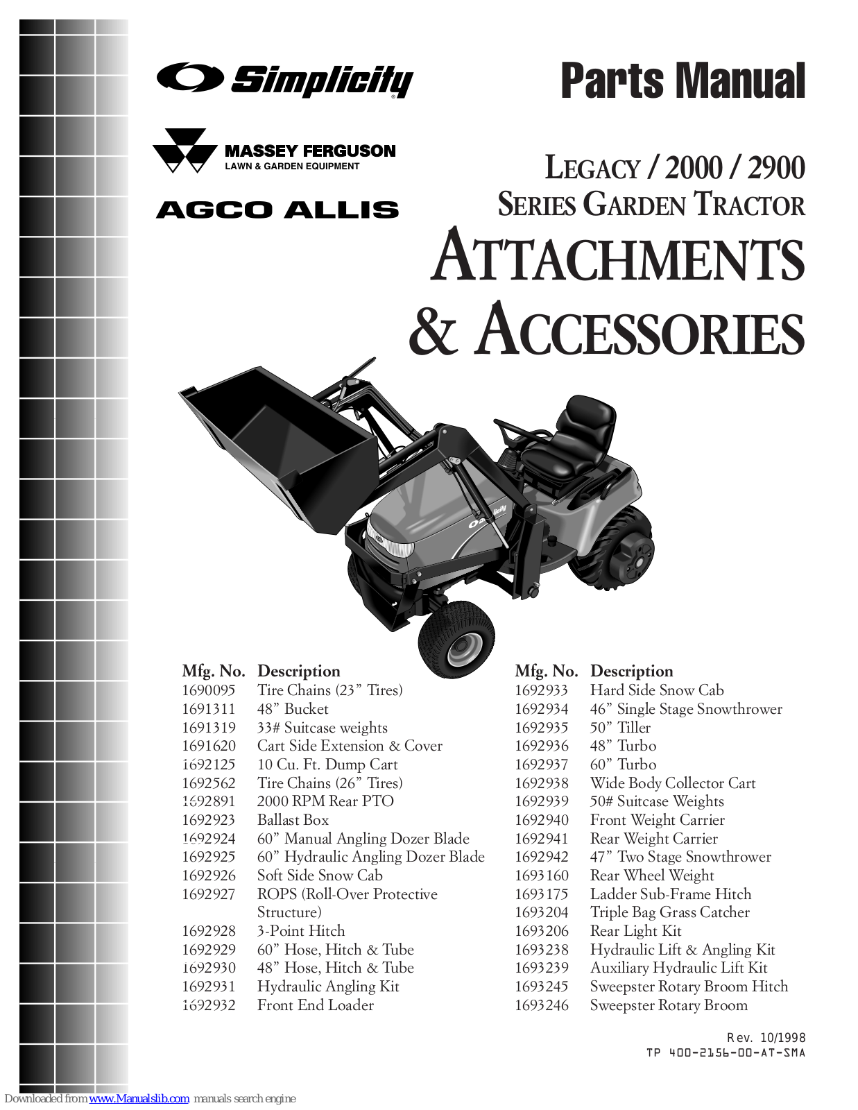 Simplicity 46” Single Stage Snowthrower - Body, LEGACY SERIES, 2000 SERIES, 2900 SERIES Parts Manual