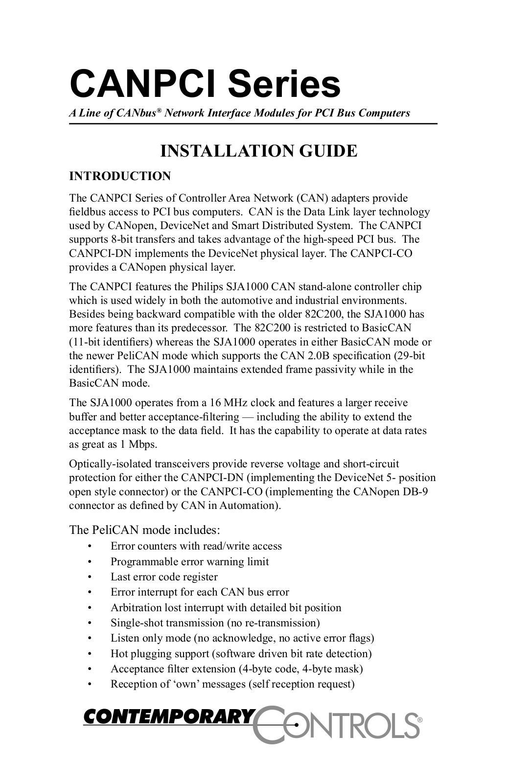 Contemporary Control Systems CANPCI User Manual