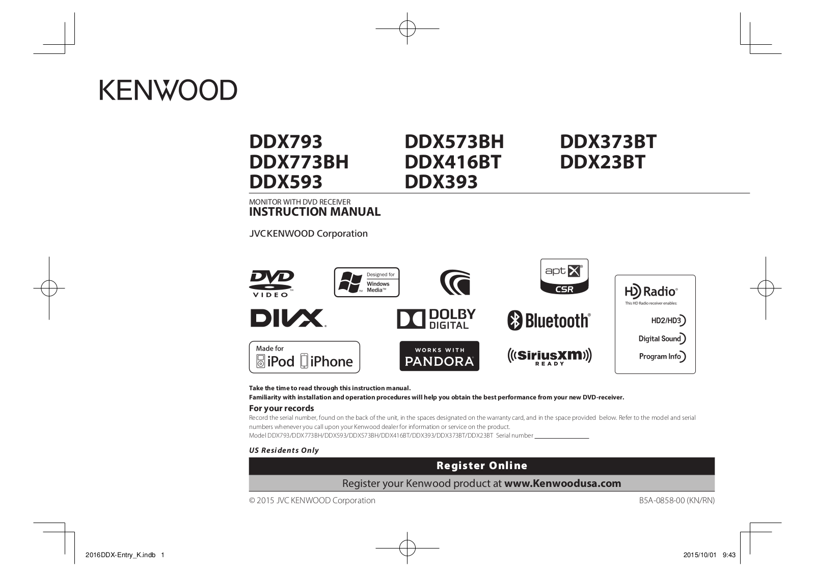 Kenwood DDX593, DDX773BH, DDX793, DDX393, DDX416BT User Manual