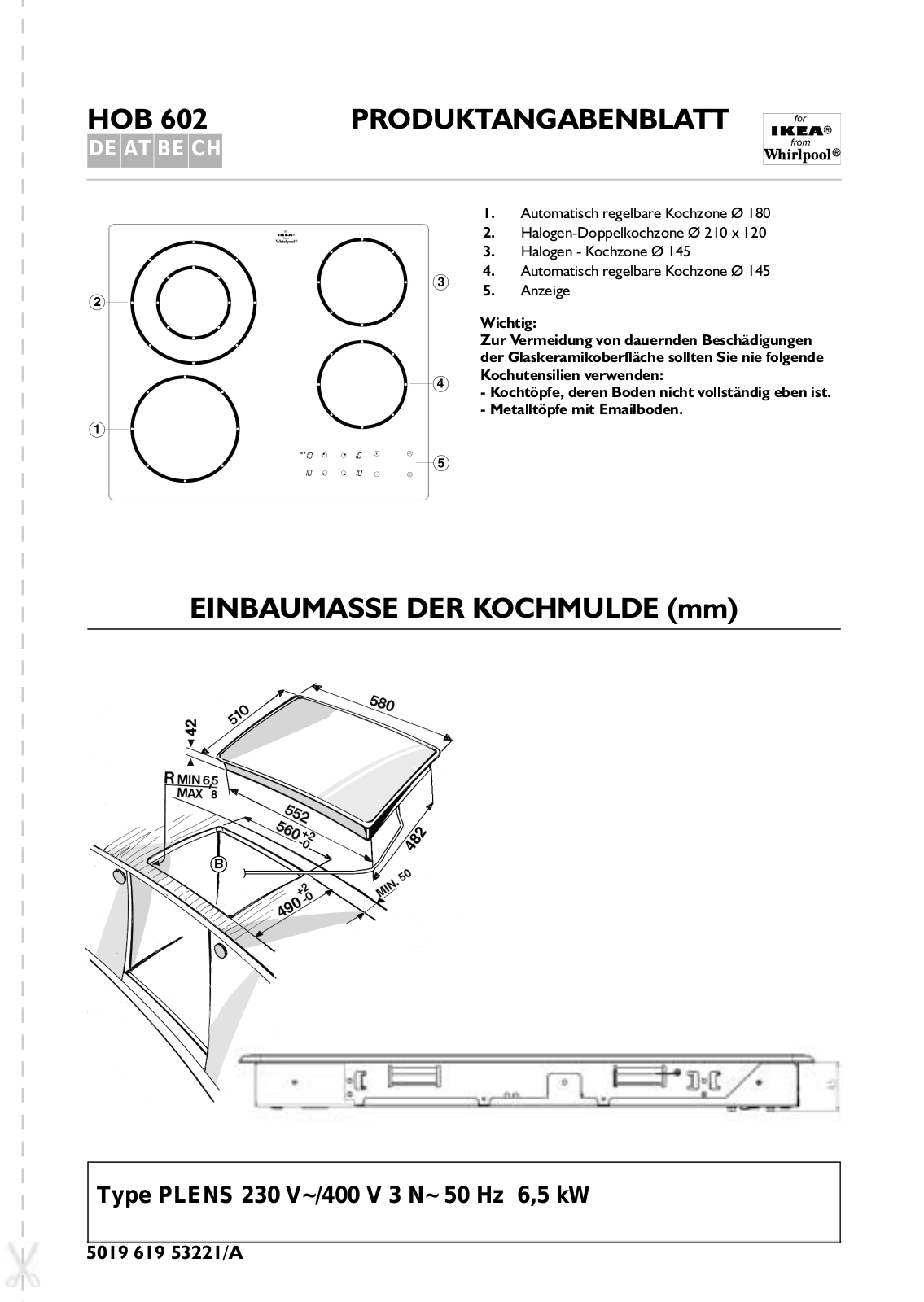 Whirlpool HOB 602 AL PROGRAM CHART