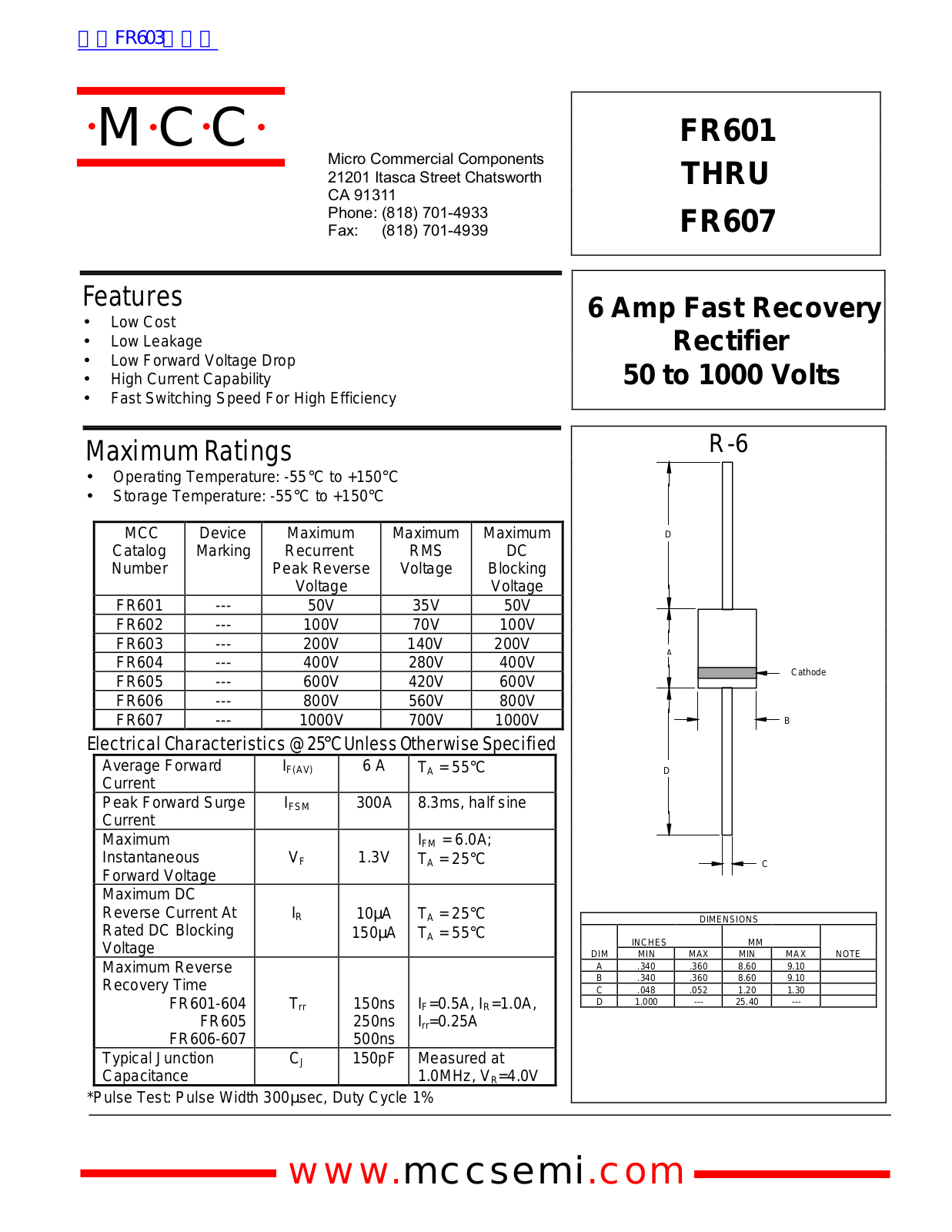 Micro Commercial Components FR601, FR607 Technical data