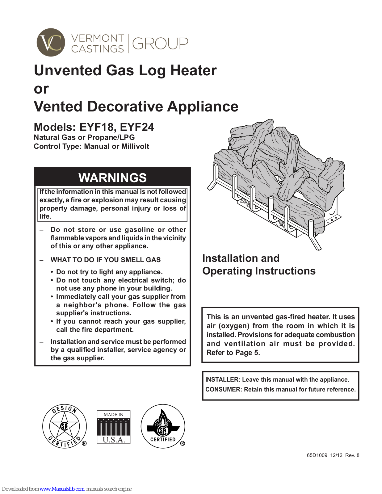 Vermont Castings EYF18, EYF24 Installation And Operating Instructions Manual