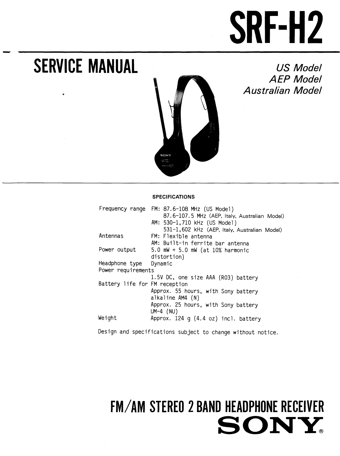 Sony SRFH-2 Service manual