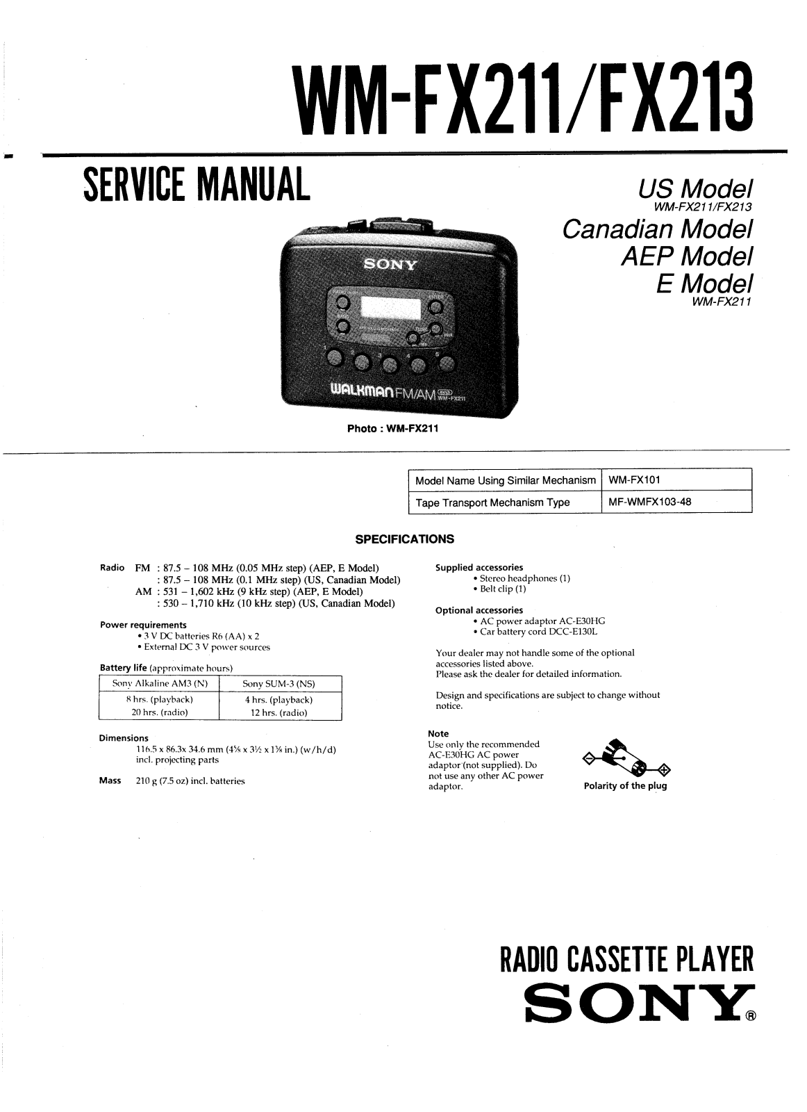 Sony WMFX-211, WMFX-213 Service manual