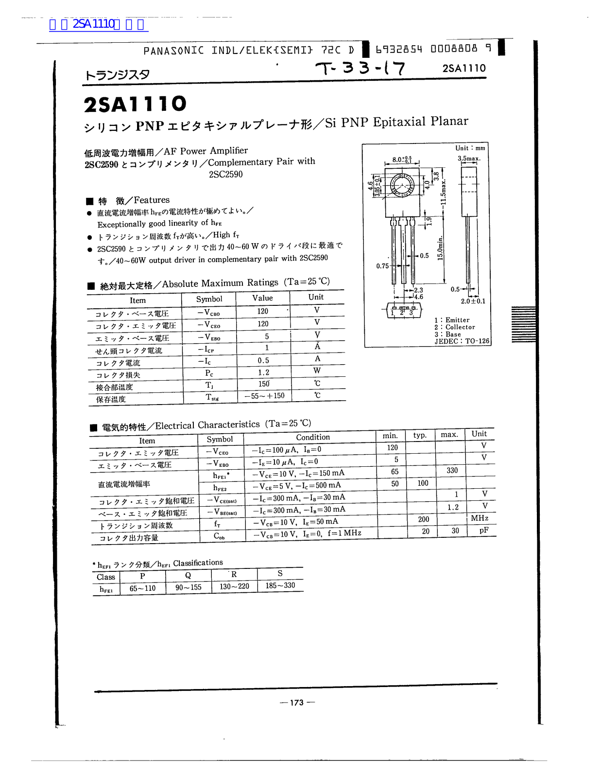 TOSHIBA 2SA1110 Technical data