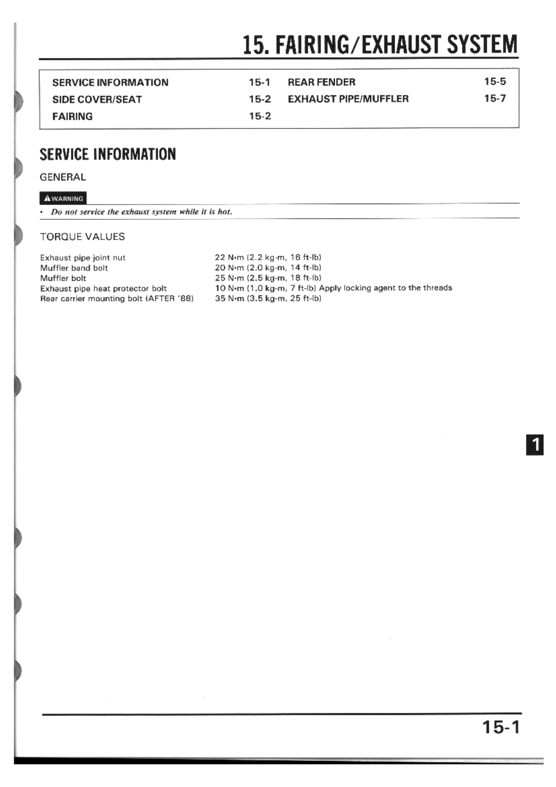 Honda 650 88-89, NX 650 88-89 Service Manual O Section 15 Fairing Exhaust