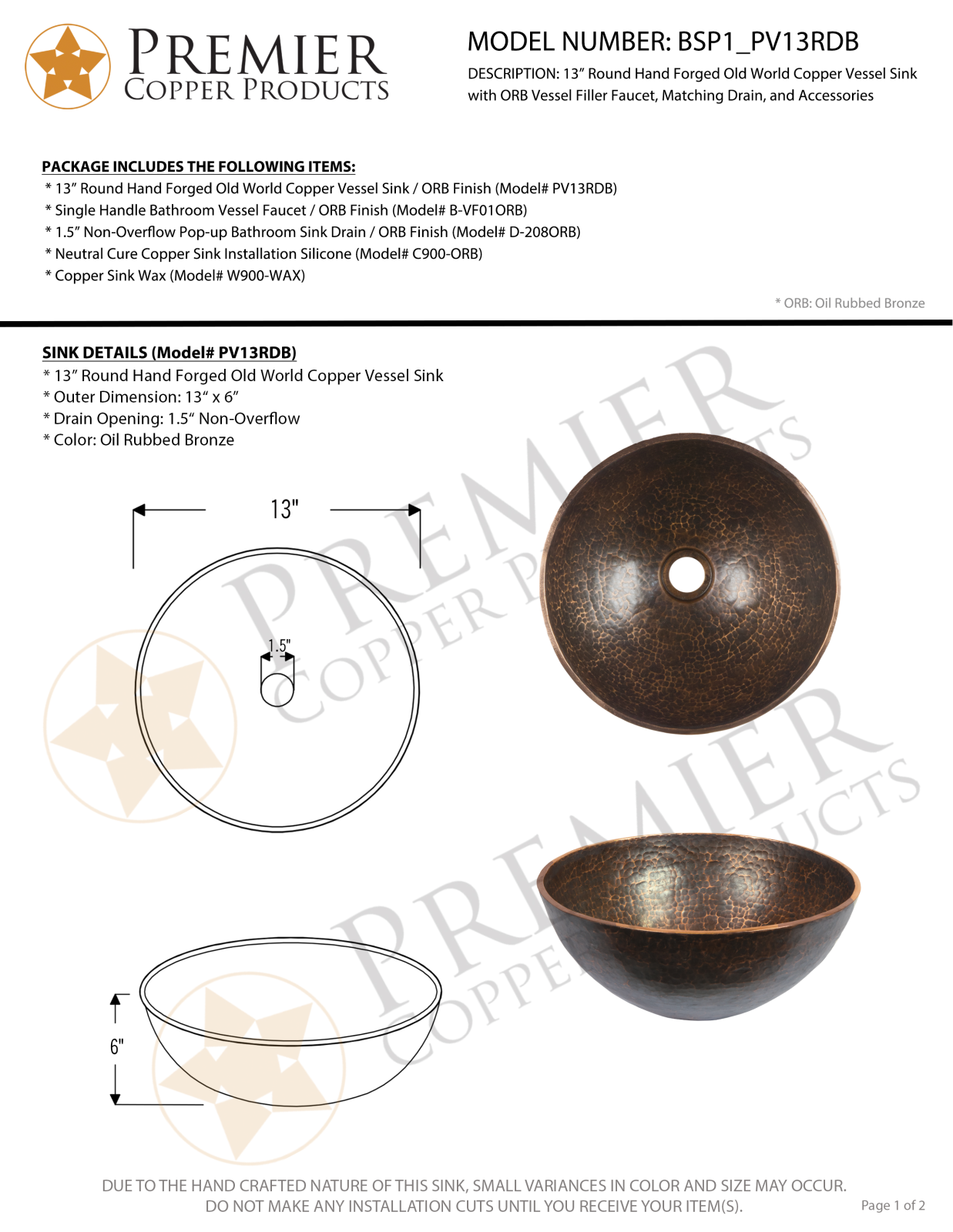 Premier Copper Products IER1925 Specifications - ManualMachine.com