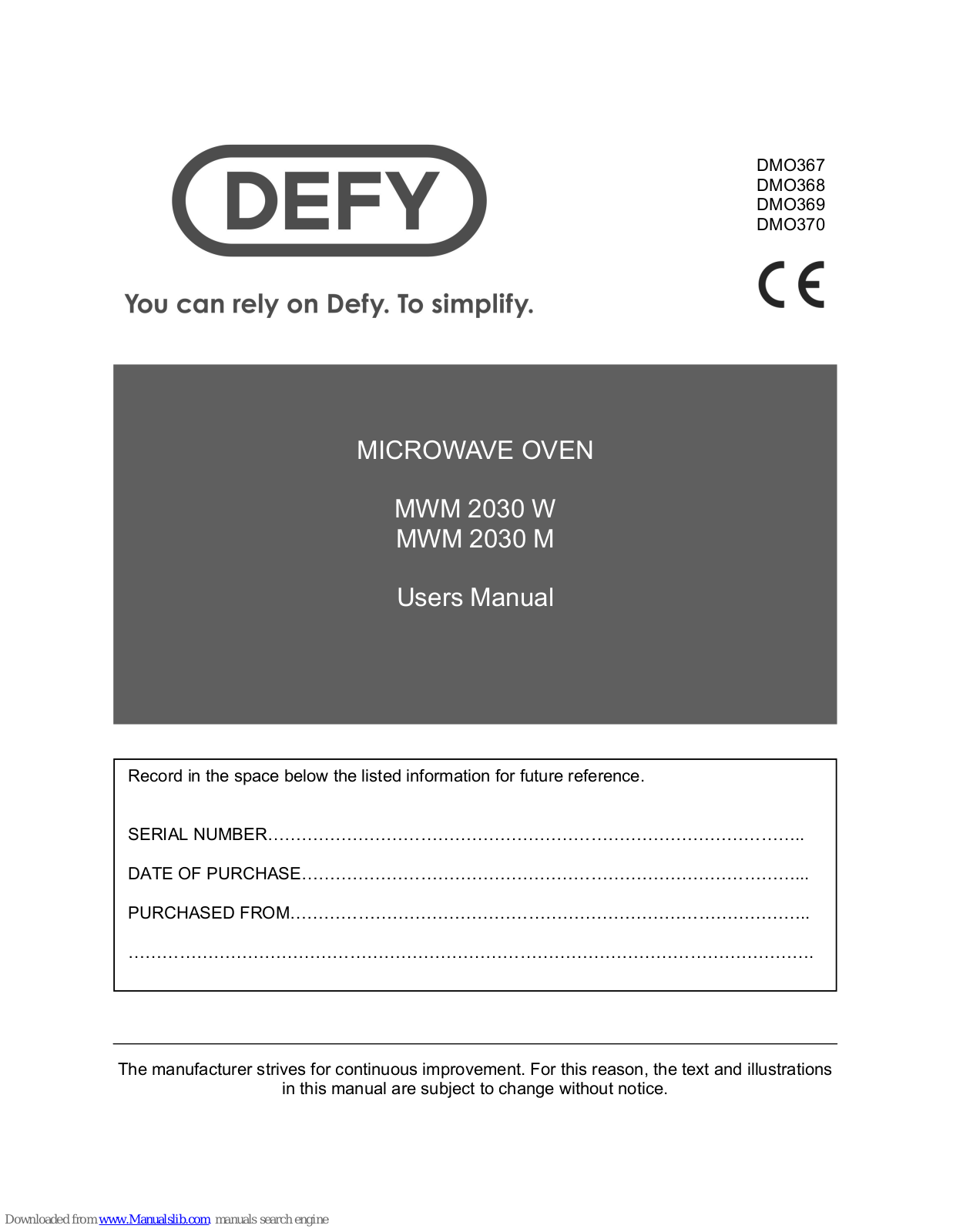 Defy DMO367, DMO368, MWM 2030 W, DMO369, MWM 2030 M User Manual