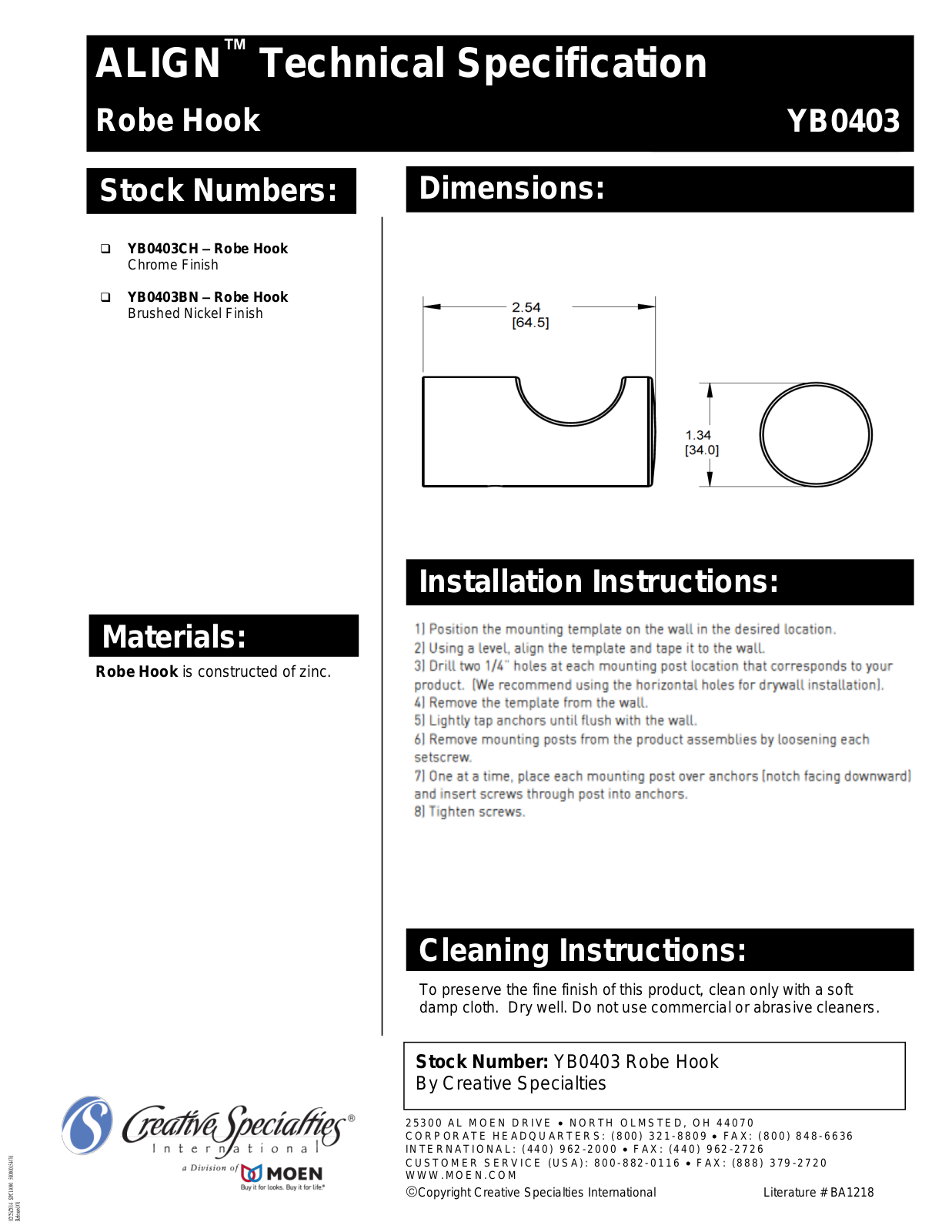 Moen YB0403BN Specs