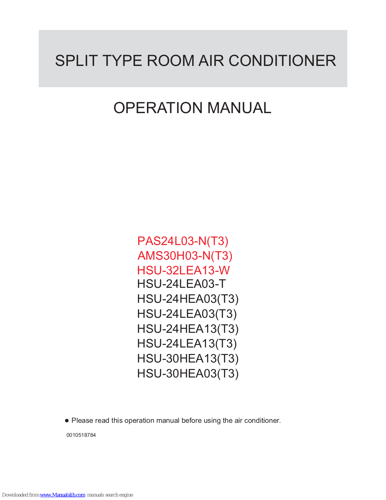 Haier HSU-24HEA03(T3), PAS24L03-N(T3), HSU-24LEA03(T3), HSU-24HEA13(T3), HSU-24LEA13(T3) Operation Manual