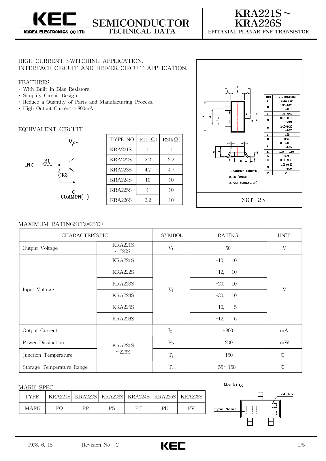 KEC KRA224S, KRA222S, KRA221S, KRA225S, KRA223S Datasheet