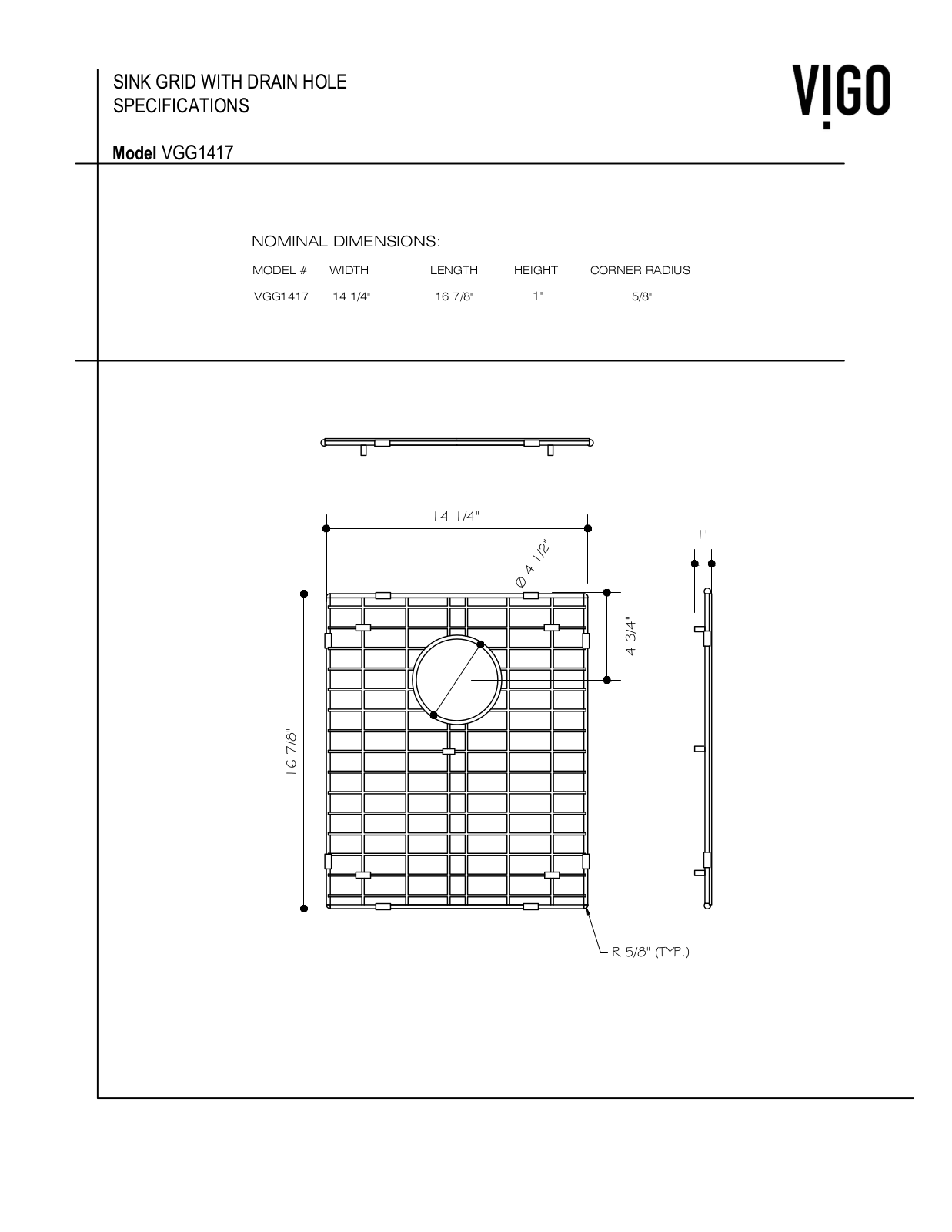 Vigo VG15157, VG15155, VG15153, VG15161, VG15429 Specifications