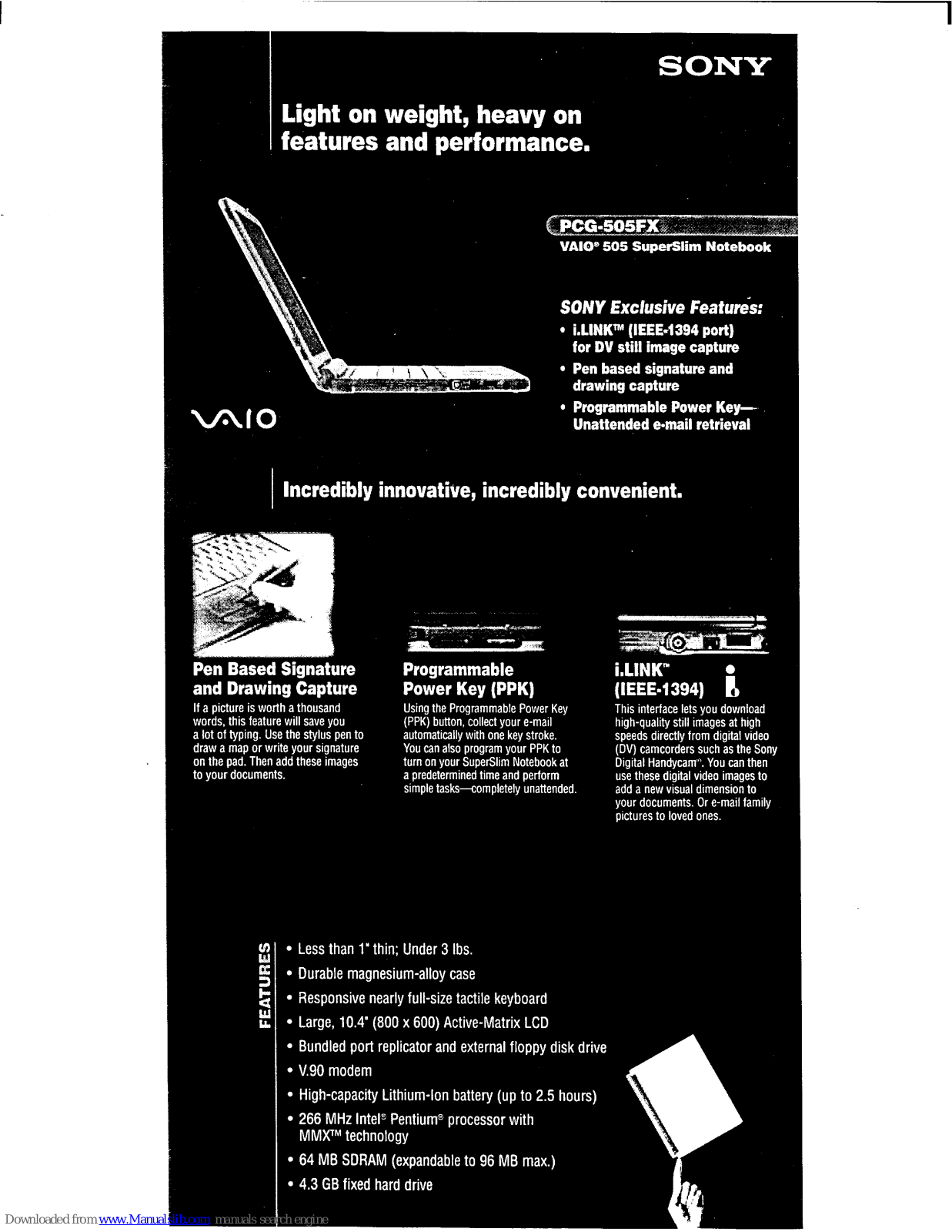 Sony VAIO PCG-505FX, VAIO 505 SuperSlim Specifications