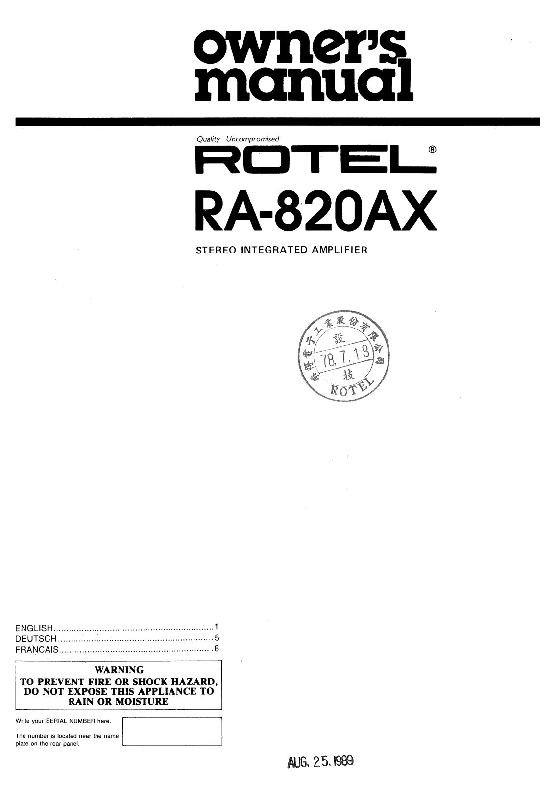 Rotel RA-820AX User Manual