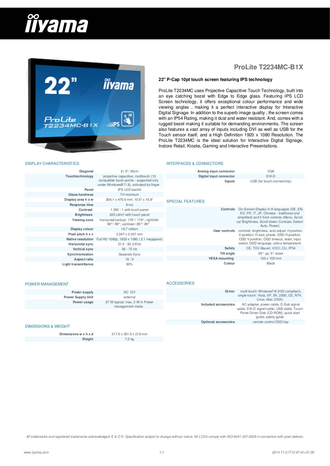 Iiyama T2234MC-B1X Datasheet