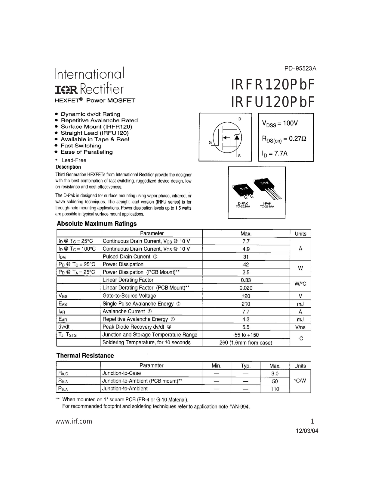 Datasheet IRFR120PBF Specification - ManualMachine.com