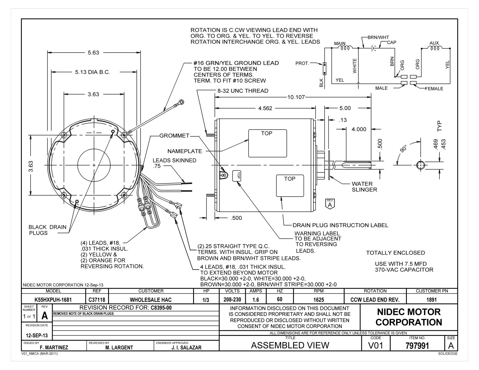 US Motors 1891 Dimensional Sheet