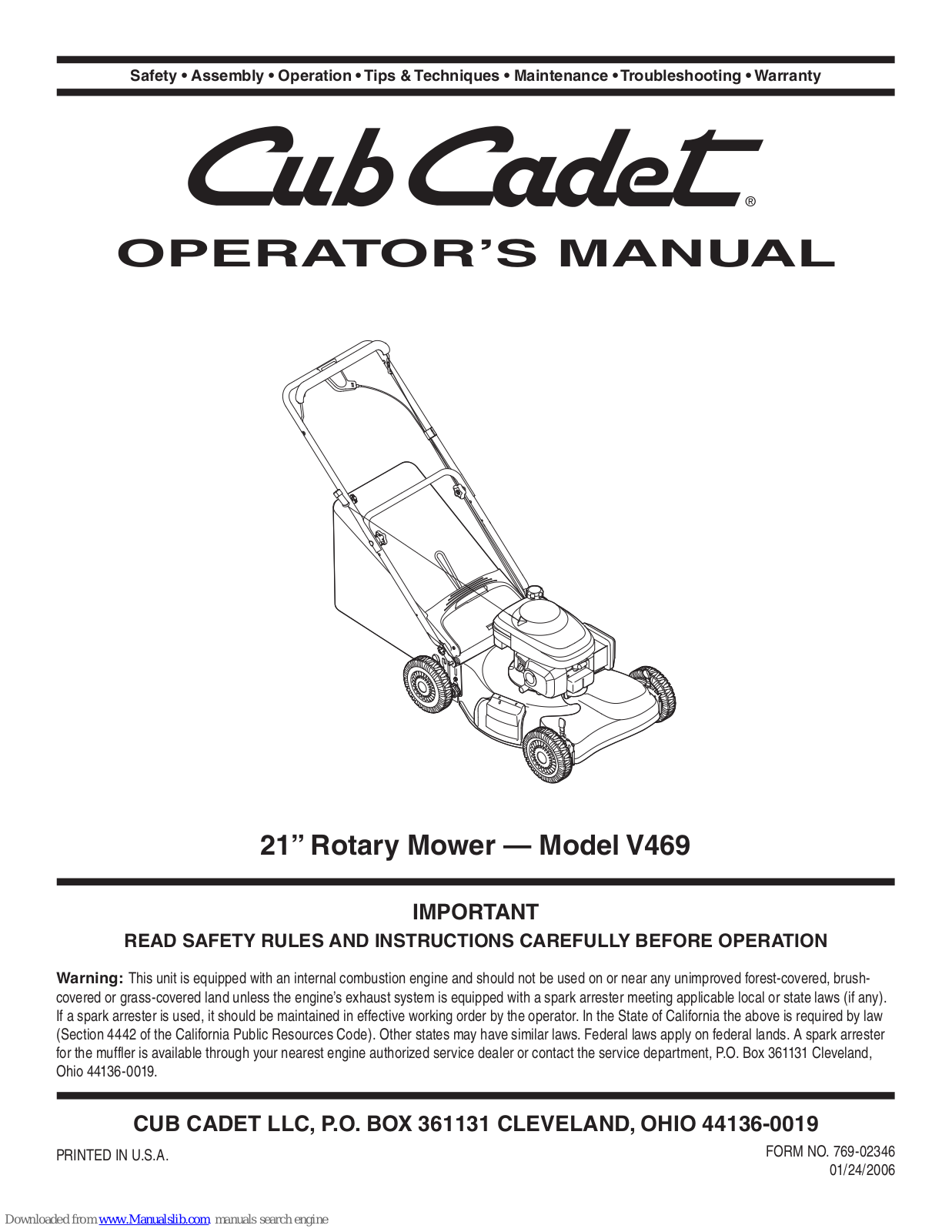 Cub Cadet V469 21”, V469 Operator's Manual