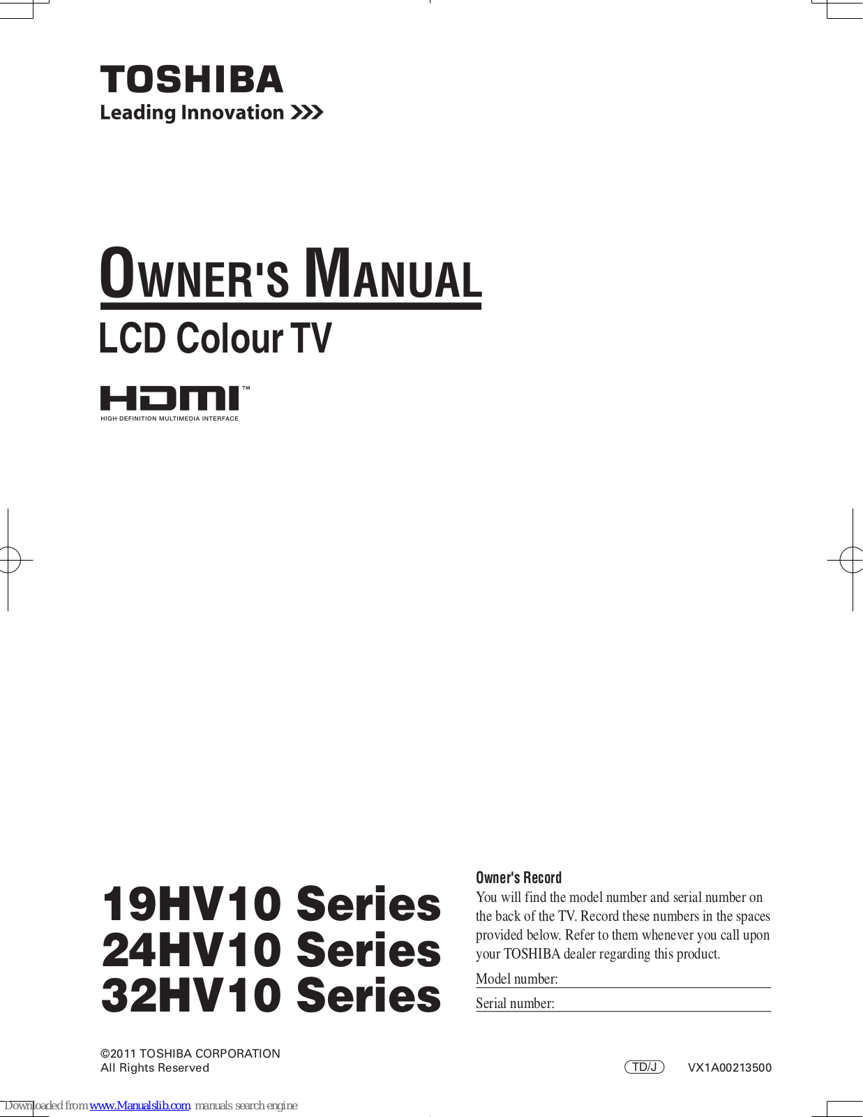 Toshiba 24HV10UM, 24HV10 Series, 32HV10 Series, 19HV10 Series Owner's Manual