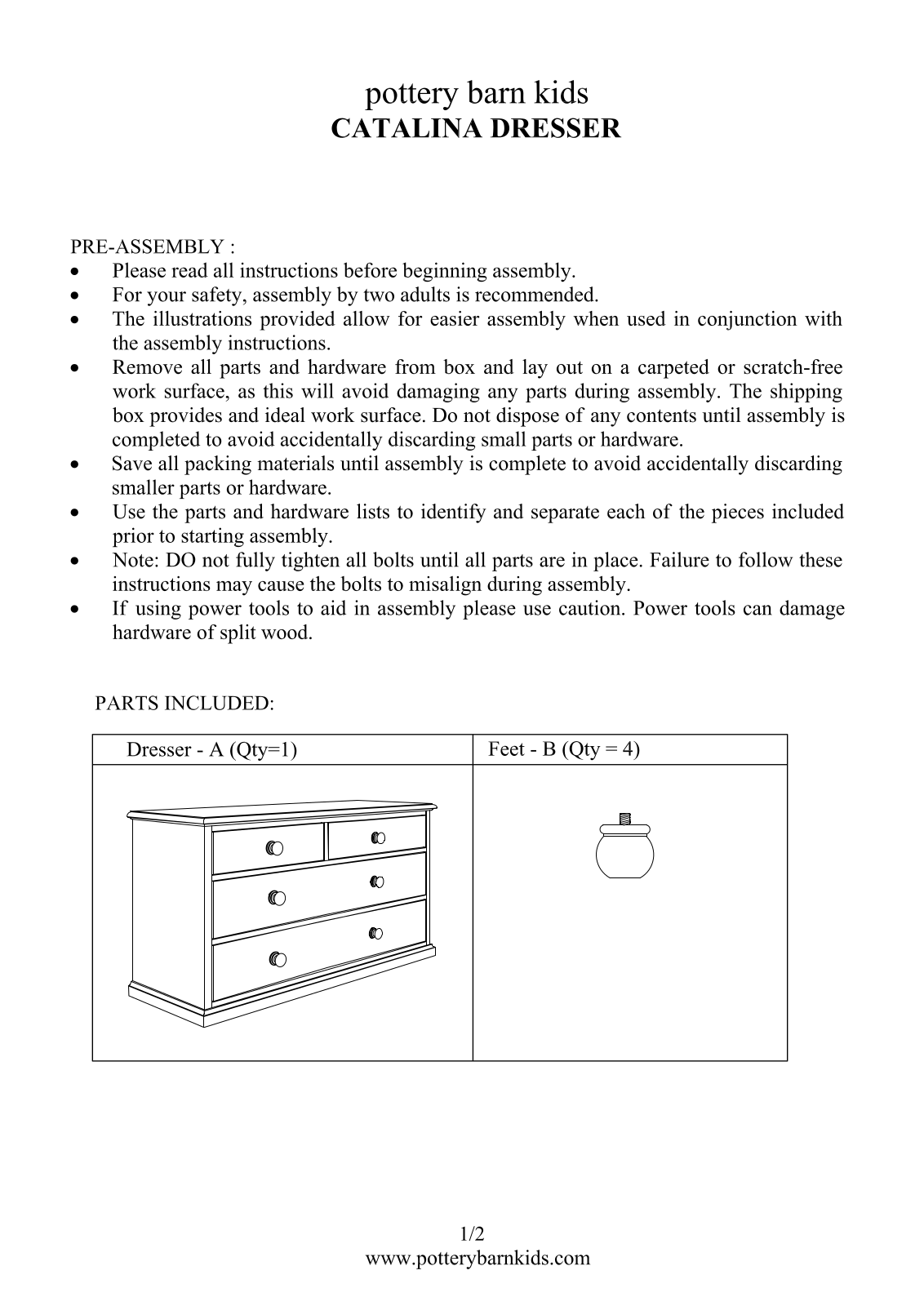 Pottery Barn Catalina Dresser Assembly Instruction