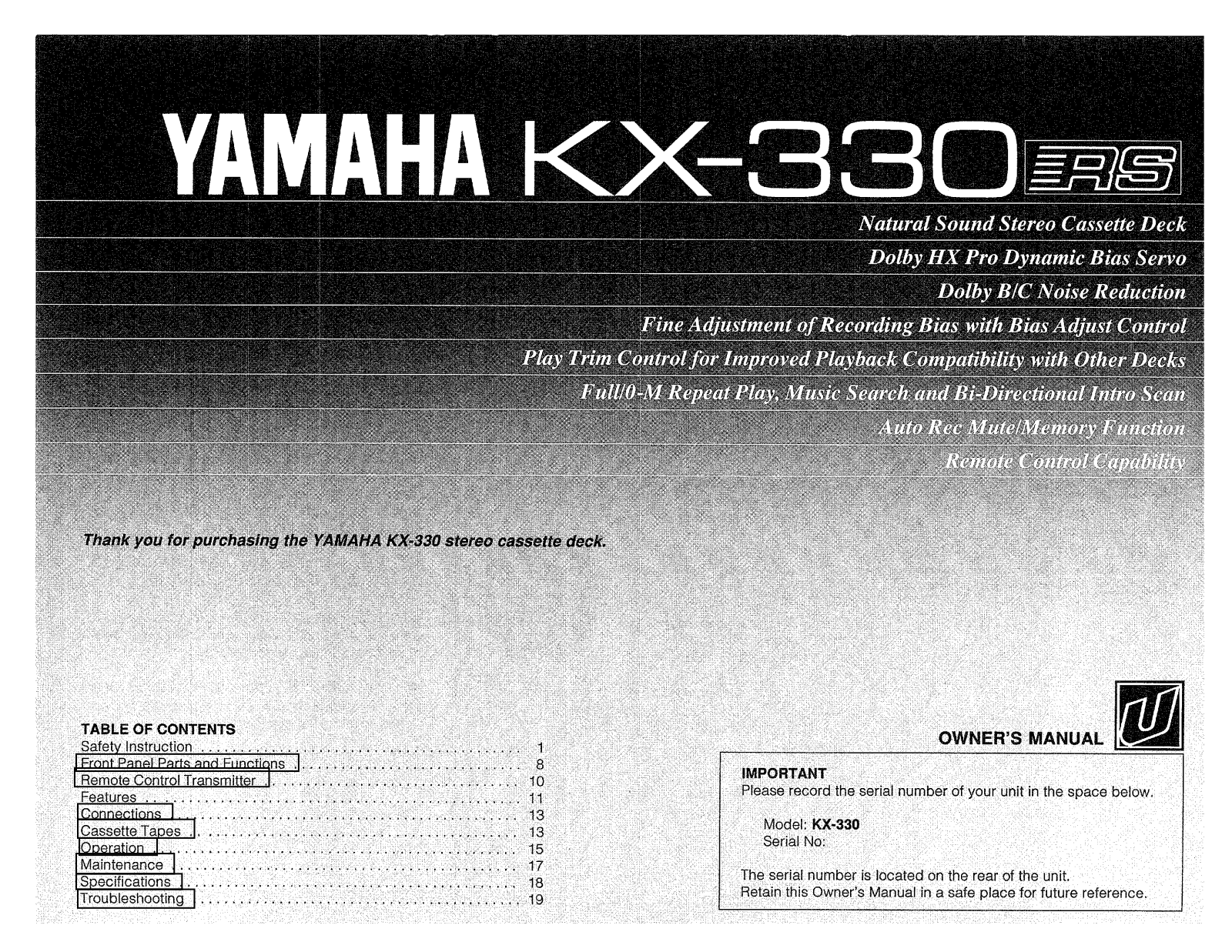 Yamaha KX-330, KX-330RS User Manual