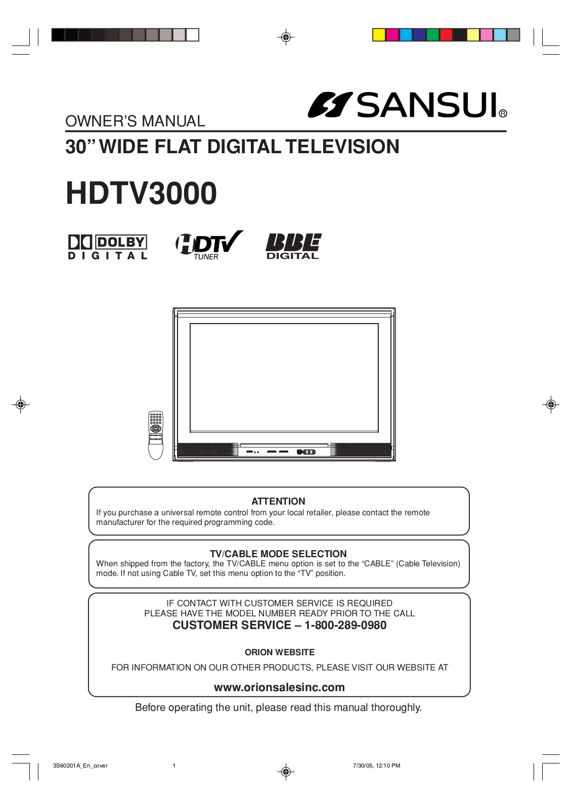 Sansui HDTV3000 Owner Manual