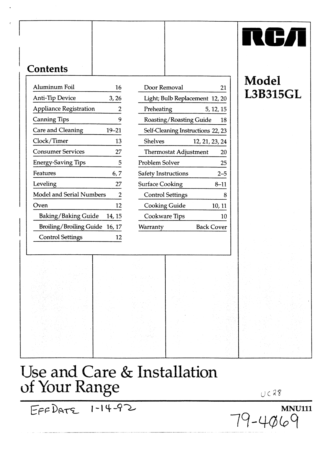 GE L3B315GL Use and Care Manual