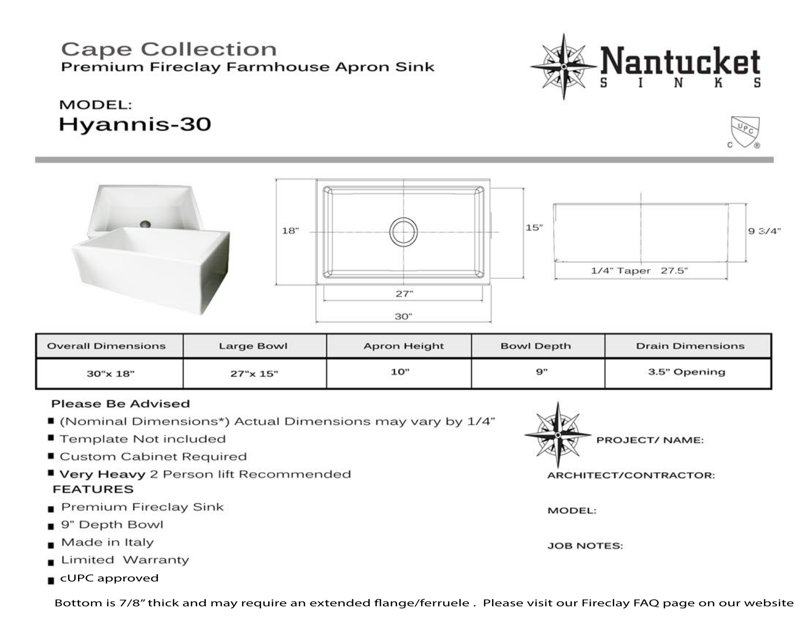 Nantucket HYANNIS30 Specifications