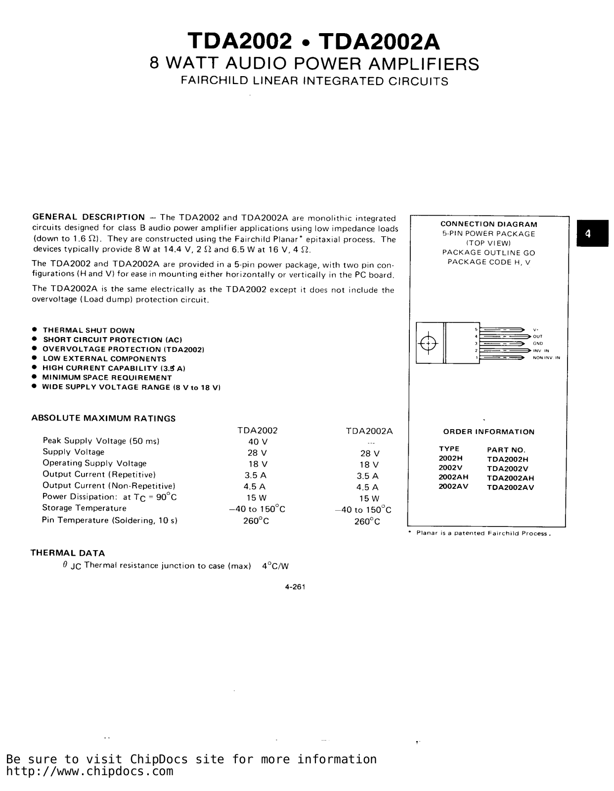 Fairchild Semiconductor TDA2002V, TDA2002AV, TDA2002H, TDA2002AH Datasheet