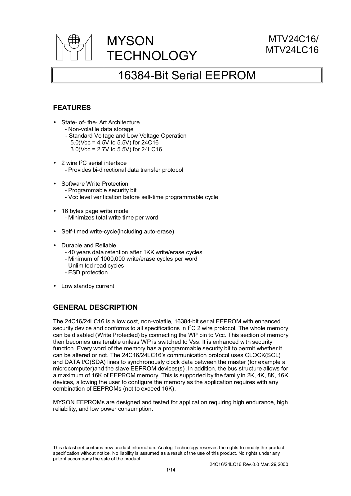 MYSON MTV24LC16, MTV24C16, MTV24C16-1, MTV24LC16-1 Datasheet