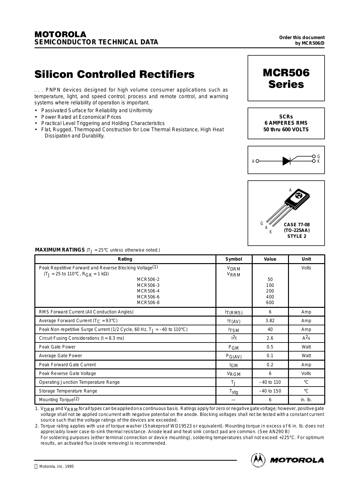 Motorola MCR506-2, MCR506-3, MCR506-8, MCR506-6, MCR506-4 Datasheet