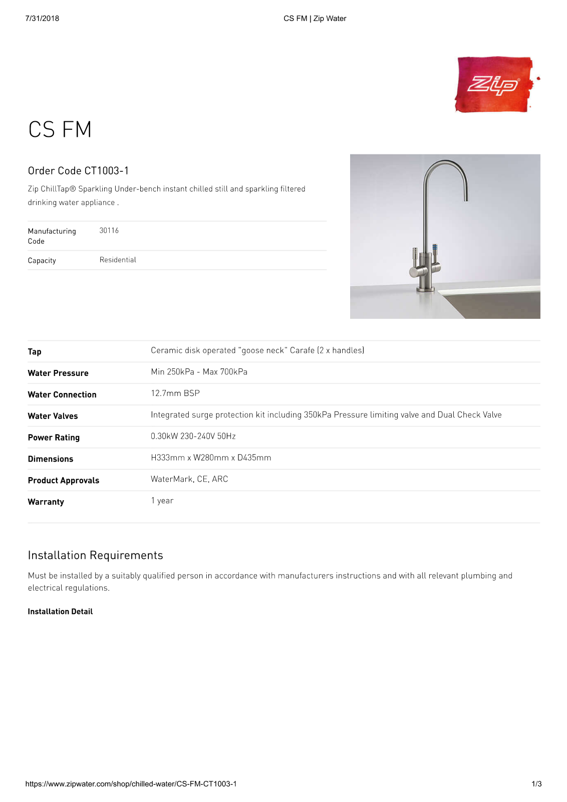 Zip CT1003-1 Specifications Sheet