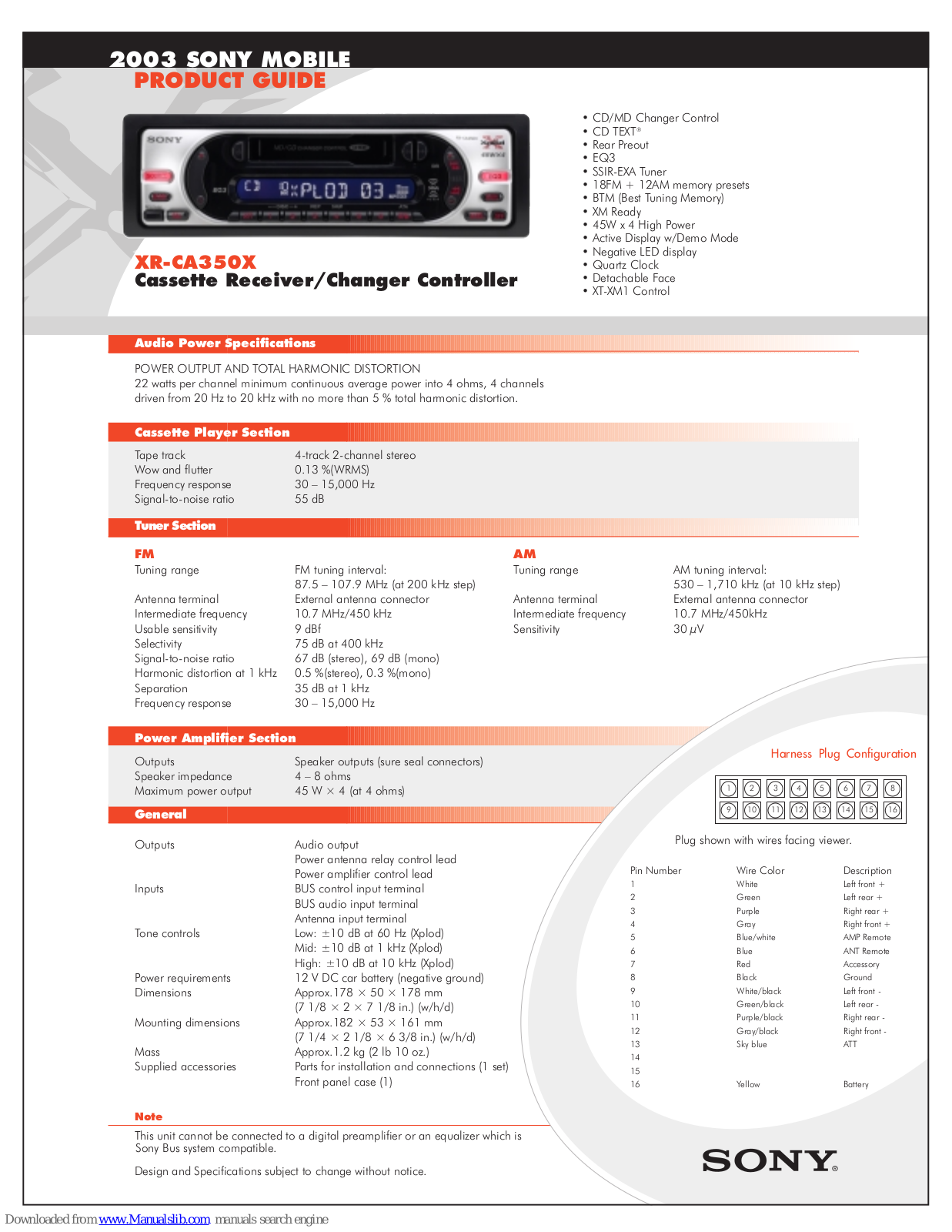 Sony XR-CA350X Marketing Specifications & diagrams, XR-CA350X - Fm-am Cassette Car Stereo Specification