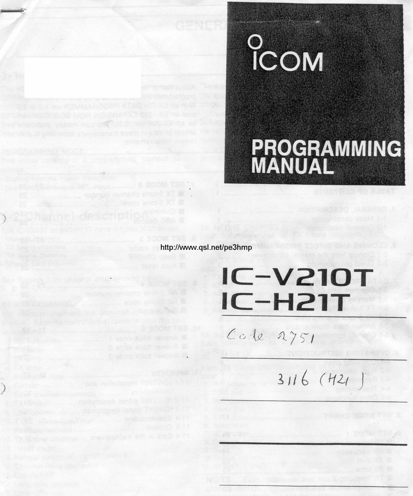 Icom IC-H21T, IC-V210T programming manual