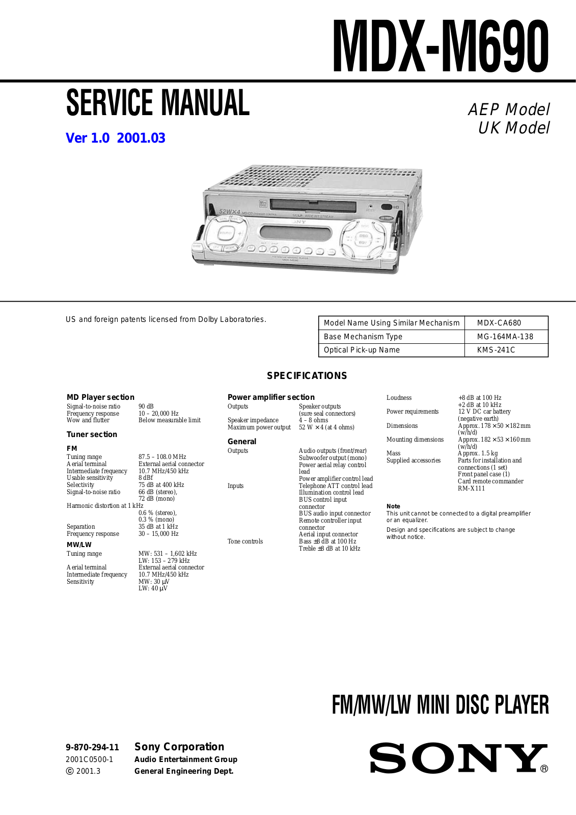 Sony MDX-M690 Service Manual