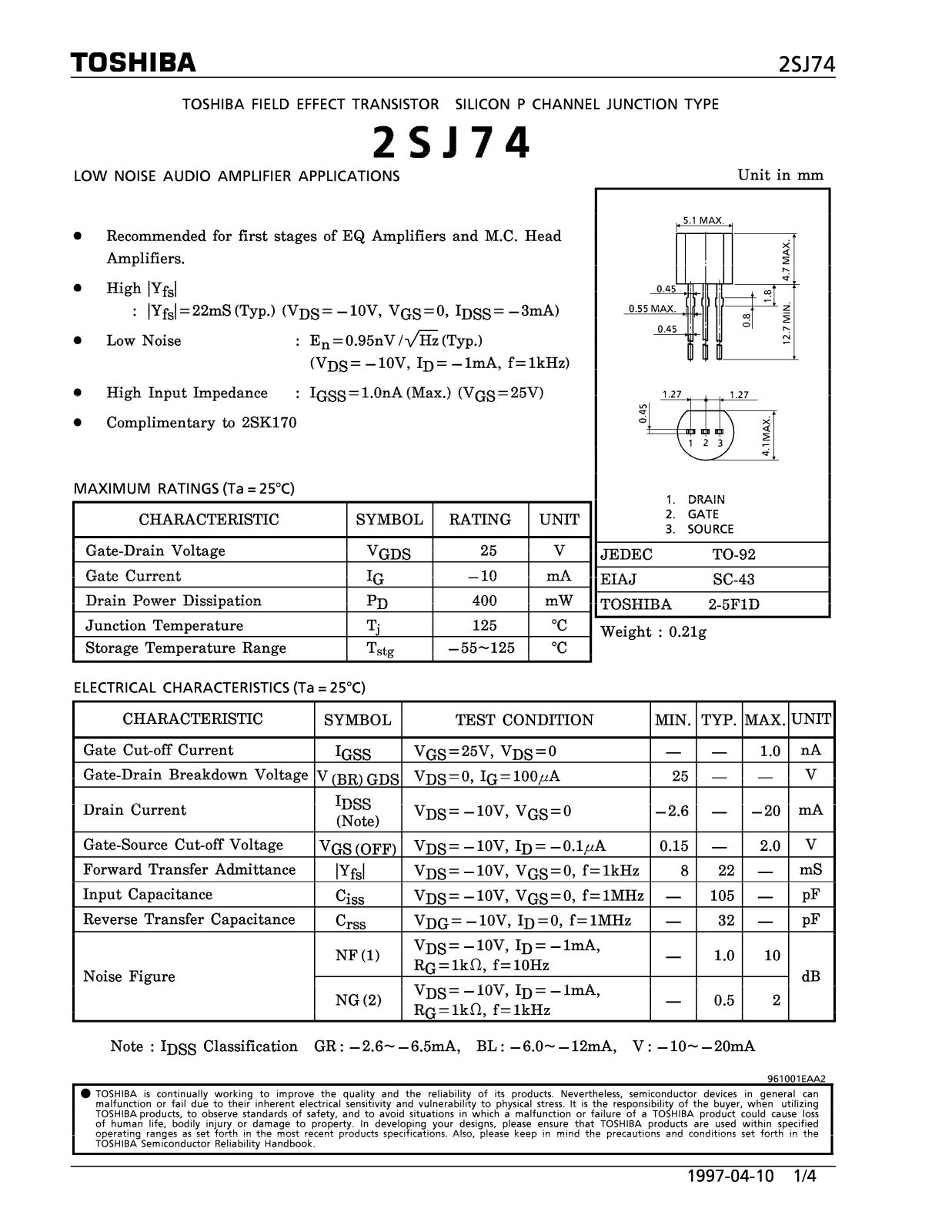 Toshiba 2SJ74 User Manual