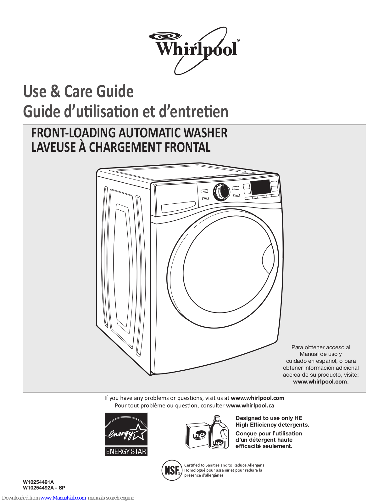 Whirlpool WFW97HEXR, WFW97HEXW, WFW97HE Use And Care Manual