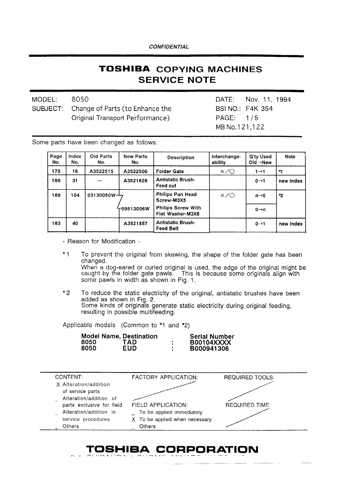 Toshiba f4k354 Service Note