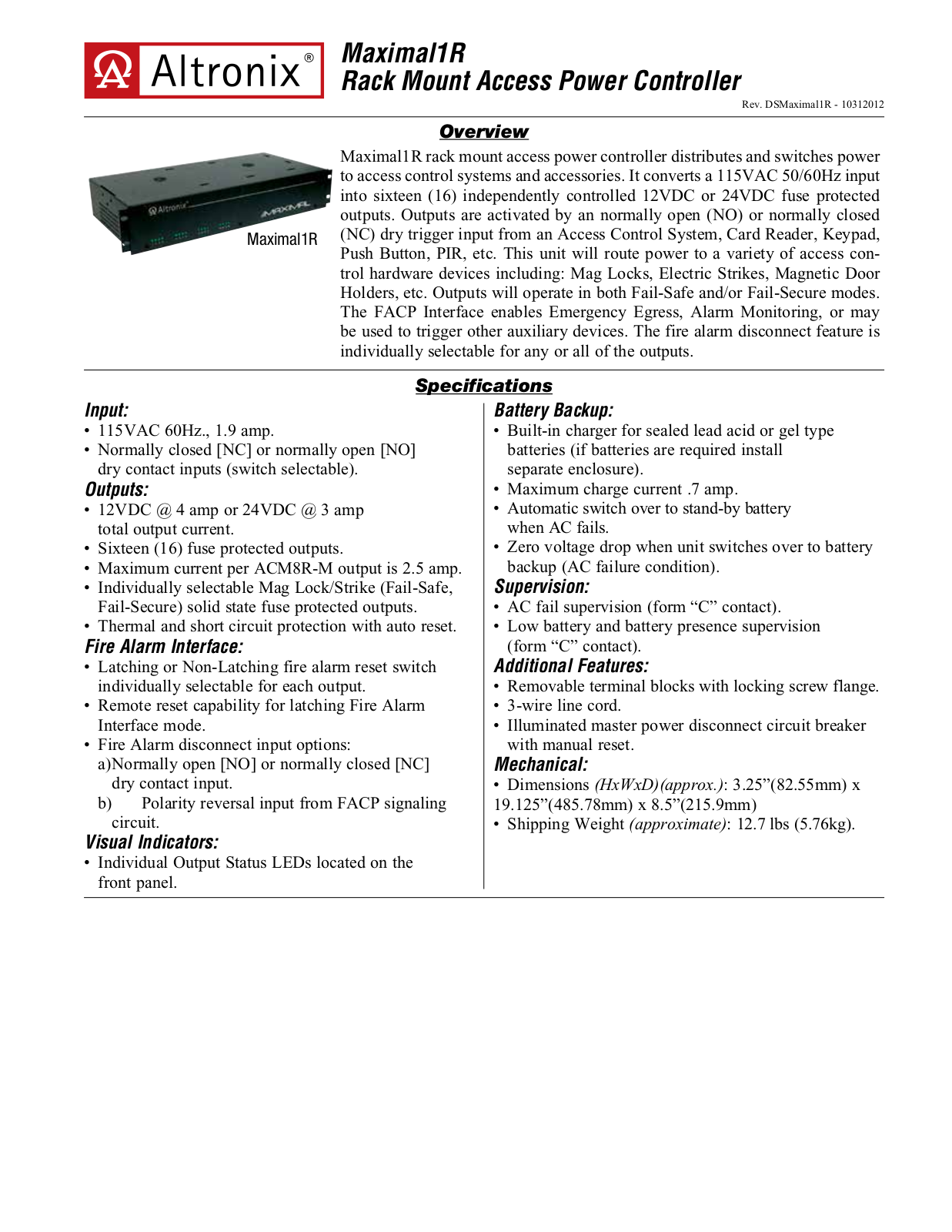 Altronix MAXIMAL1R Specsheet