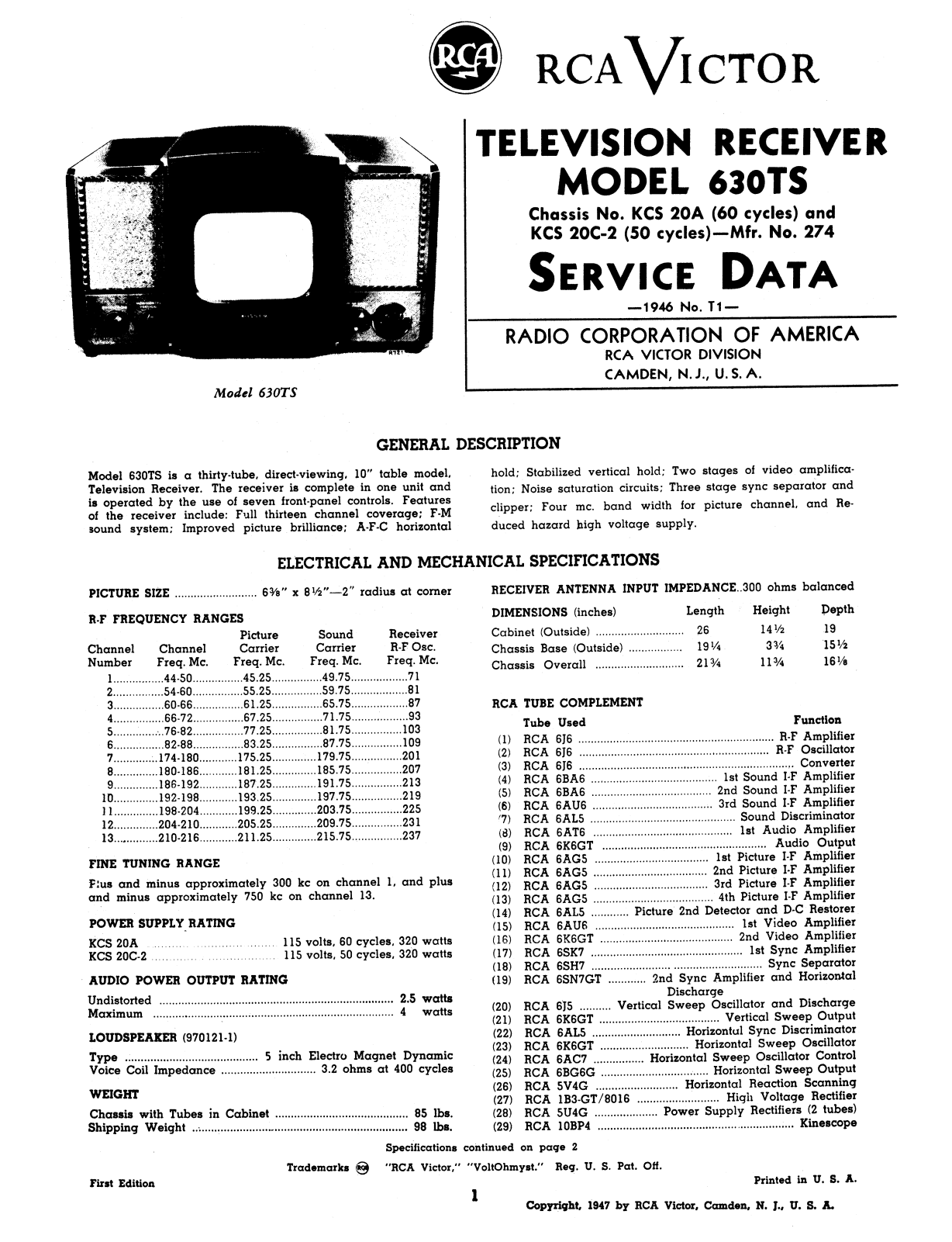 RCA 630TS-1 Schematic