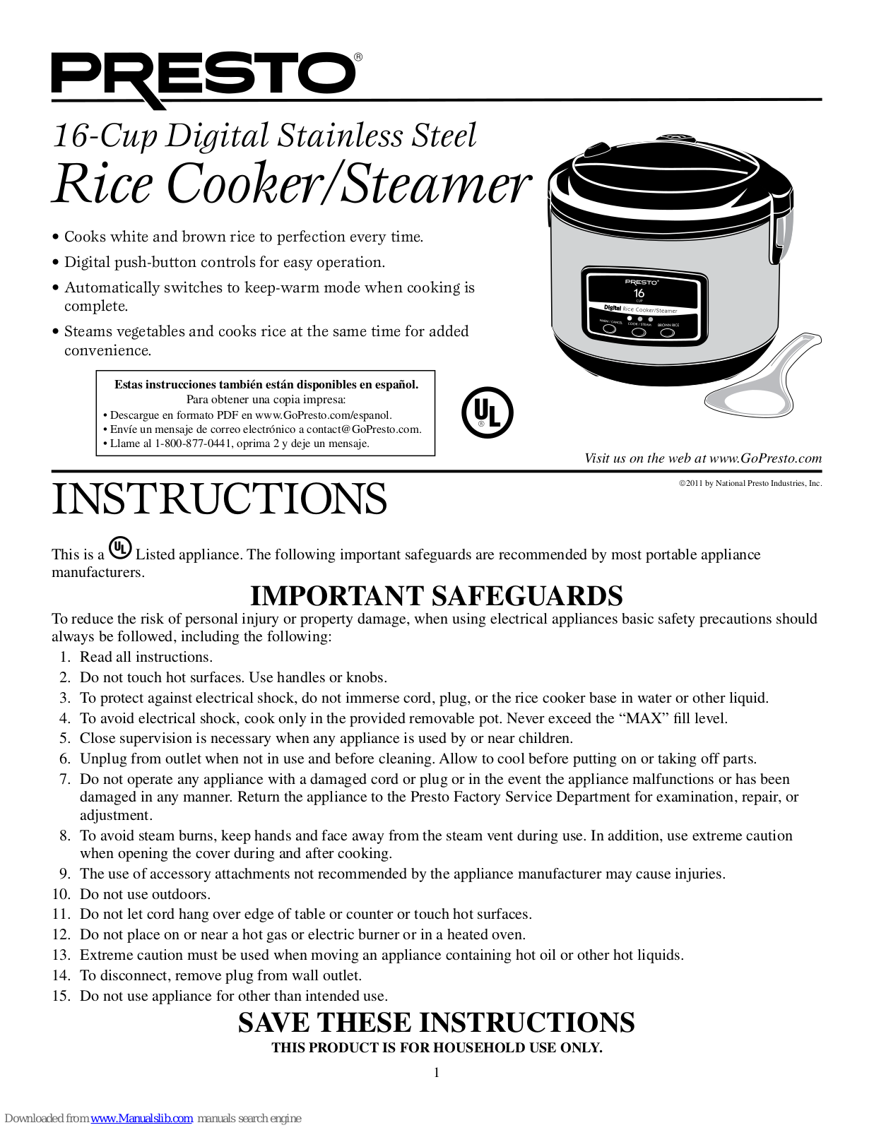 Presto Rice Cooker/Steamer Instructions Manual