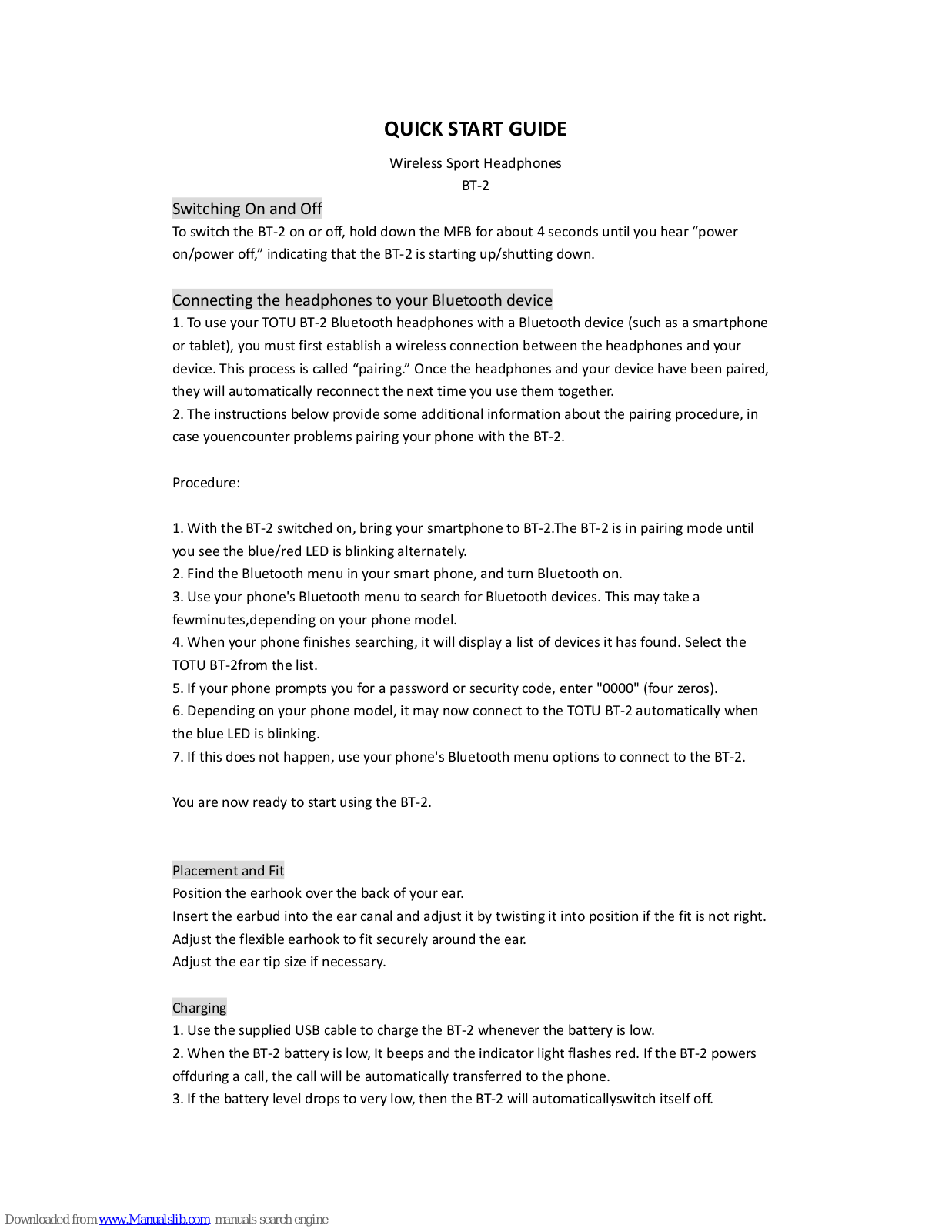 Totu BT-2 Quick Start Manual