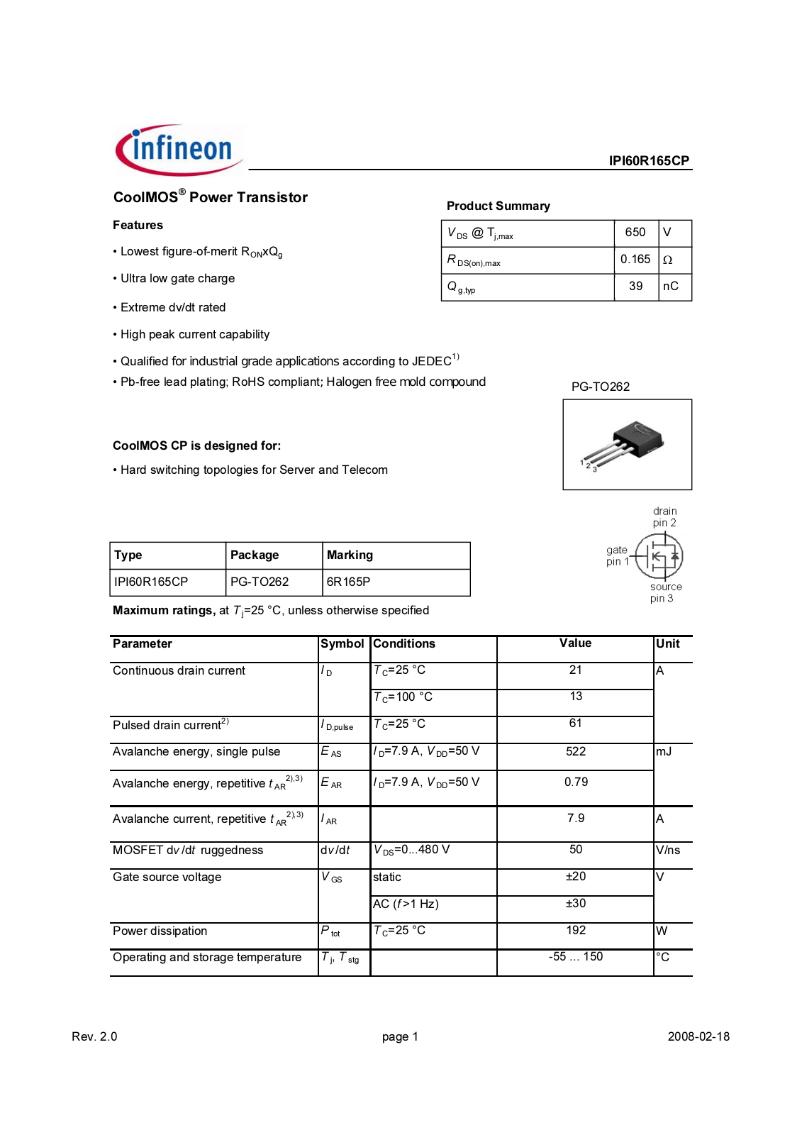 Datasheet ipi60r165cp_rev2.0 Datasheet - ManualMachine.com