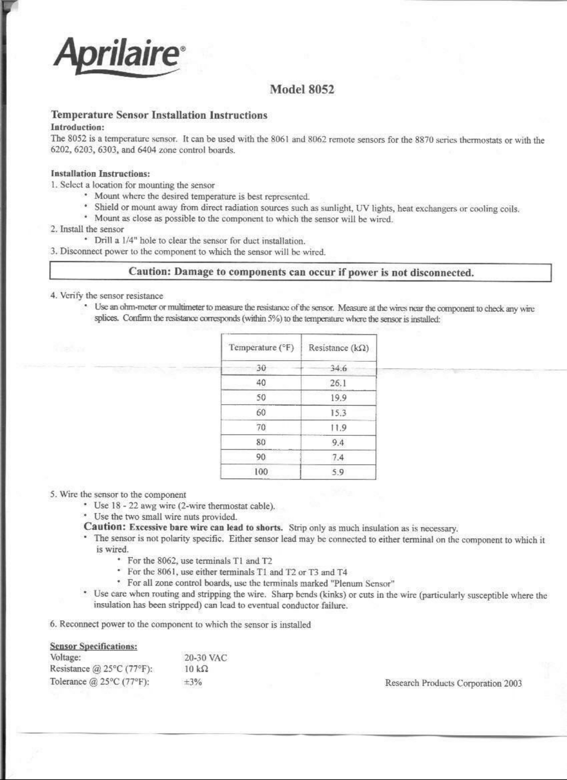 Aprilaire 8052 User Manual