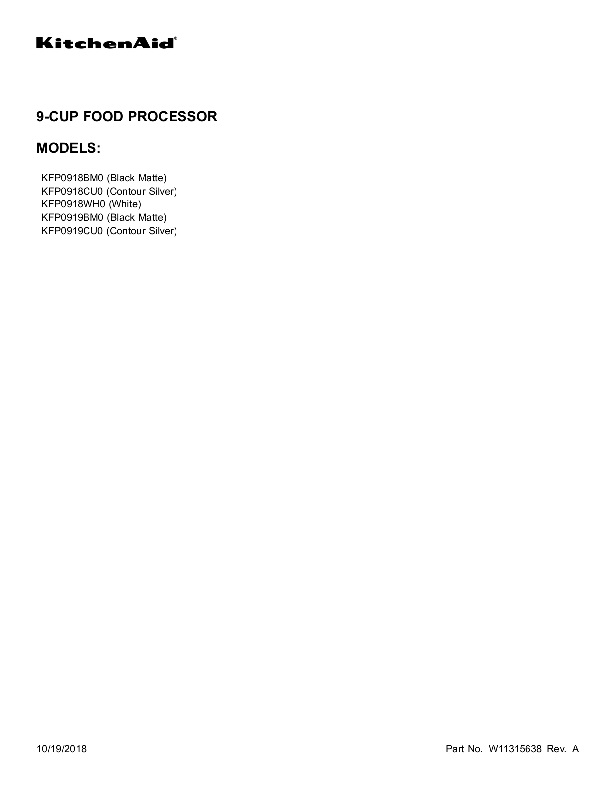 KitchenAid KFP0919BM Parts list