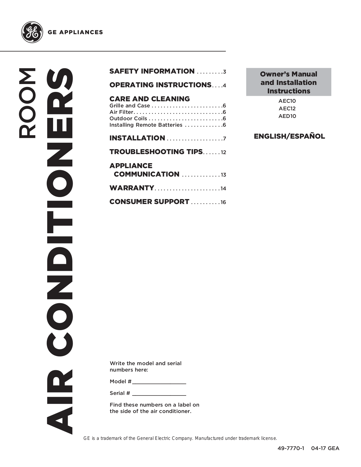 GE AED10AVL1, AEC12AXH1, AEC12AWH1, AEC10AXL1, AEC10AWL1 Owner’s Manual