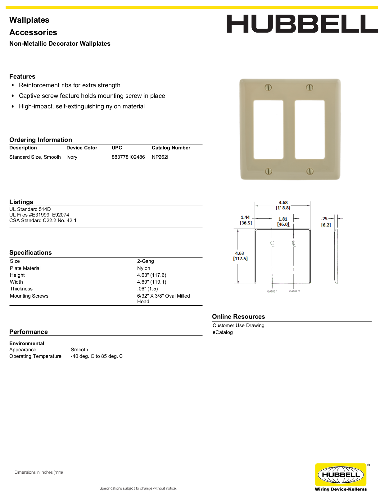 Hubbell NP262I Specifications - ManualMachine.com