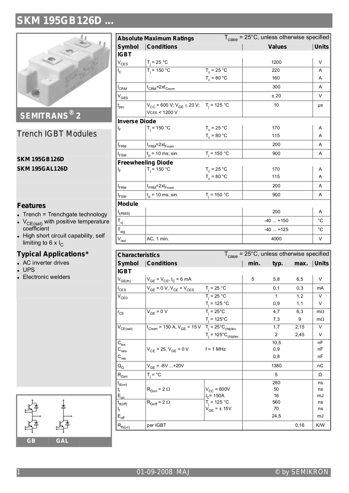 Semikron SKM195GAL126D Data Sheet