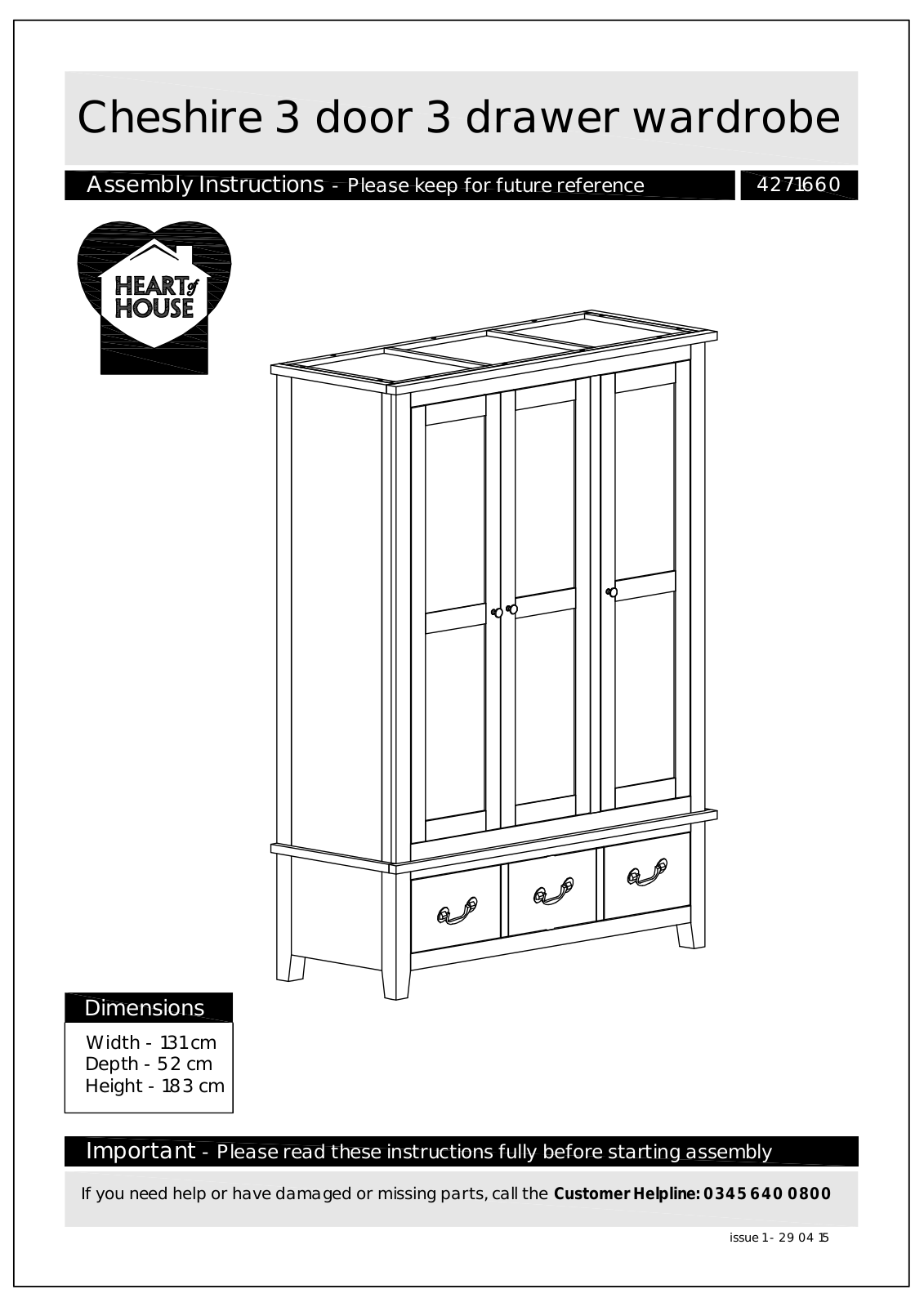 Argos Cheshire 3 door 3 drawer wardrobe ASSEMBLY INSTRUCTIONS